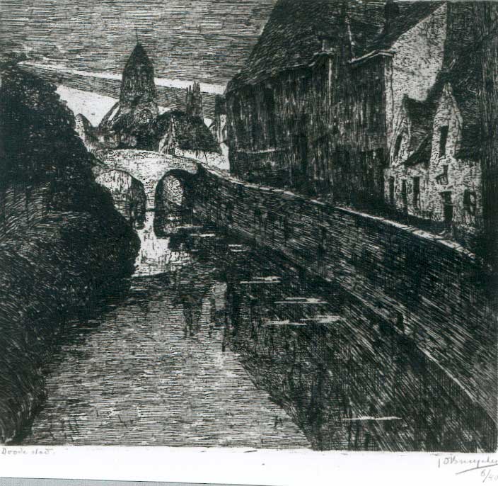 J.D.B. 396 EN VILLE MORTE // DE DODE STAD BRUGGE "19.."
Uitzonderlijke staat
H 220-B 245
L.R.N.M.
Speelmansrei - Brugge.

De brug die u ziet, is die van de Beenhouwersstraat. De kapel op de hoek van de straat (met drie vensters) is de middeleeuwse Schilderkapel. De kerktoren op de achtergrond is die van de Sint-Jacobskerk. De toren van de Sint-Jacobskerk ligt weliswaar in het verlengde van de zichtlijn van de schilder maar is niet zichtbaar vanuit dit standpunt. JDB heeft zich hier dus een artistieke vrijheid gegund.
