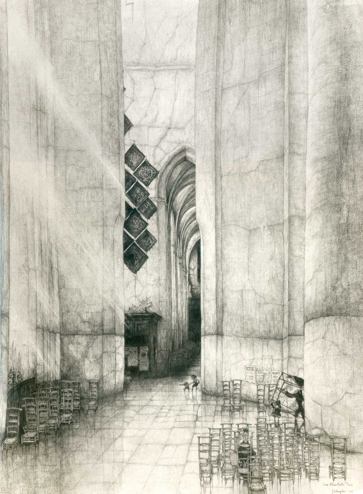 A0017  ST.NIKLAASKERKE (TEKENING)  P.L.20
Interieur, Obiit (lijkblazoen)
Originele tekening in het bezit van de Stichting.
H. 760 x 555 
