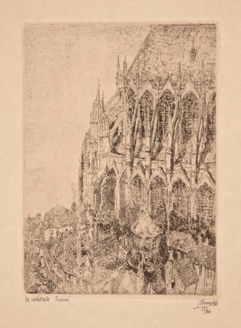 J.D.B. 212C   LA CATHEDRALE D'AUDENAERDE / DOORNIK
Bij het begin van het afdrukken van deze ets, betittelde Jules De Bruycker dit werk als zijnde 'Cathédrale d'Audenaerde'.
Op een zeker ogenblik, na enkele jaren, heeft er hem iemand op opmerkzaam gemaakt dat het de kathedraal van Doornik was.
Hij heeft dit simpel opgelost door het werk te betittelen als 'Cathédrale'.
Op het einde van zijn leven, heeft verzamelaar John Convent hem toch kunnen overtuigen één werk als zijnde 'La Cathédrale de Tournai' (Doornik) als titel te geven.

Verzameling Convent.
