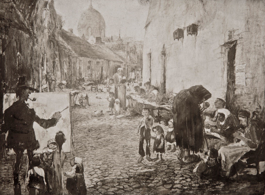 A.292 ROLWEG TE BRUGGE
Deze aquarel bestaat ook in ets. Op de voorgrond van de ets, ziet u links Valerius De Saedeleer schilderen, voor hem heeft Jules De Bruycker Cies De Walle afgebeeld.(De Leieschilder) De koepel van de kerk achteraan is het klooster waar Guido Gezelle verbleef.
Op de aquarel, is  Valerius De Saedeleer niet afgebeeld.
