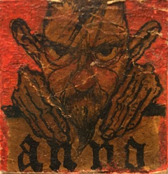 A.320 ZELFPORTRET  1914 - Miniatuur 3x3cm.
De miniatuurtjes zaten oorspronkelijk ingewerkt in een lijst van kadermaker Leclercq uit Gent, op de vier hoeken.
 In de lijst van de ets " Hijsen van de draak"
