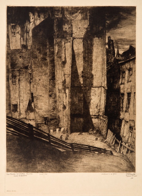 J.D.B. 114A  VIEIL ENCLOS BRUXELLES, 1920
2de staat
H. 498 - B. 345
L.R. 202

Vermelding onderaan - VIEUX QUARTIER DE LA PUTTERIE - BRUXELLES
DURANT LES DEMOLITIONS.

Opgedragen aan zijn echtgenote.
