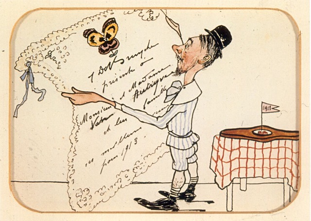 A.324 ZELFPORTRET
Karikatuurtekening van Jules De Bruycker.
Hij biedt hier zijn Nieuwjaarswensen aan.
