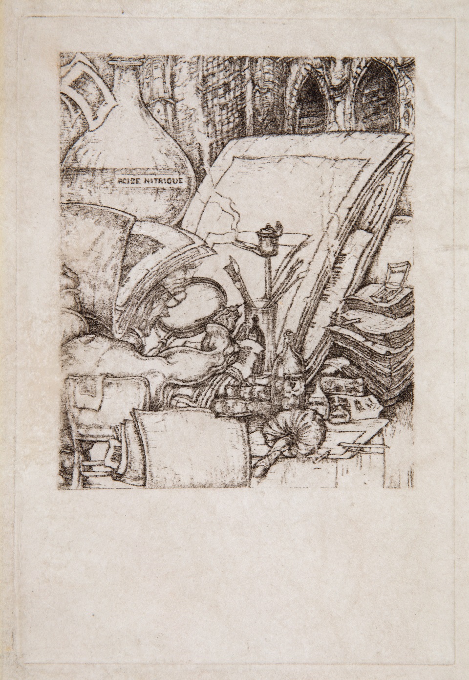 J.D.B. 405C L'AQUAFORTISTE TRAVAILLANT A SON EGLISE ST.NICOLAS 1936
Ets gedrukt op perkamentpapier voor zijn oudste dochter Estella.
H. 210 - B. 140
Het geëtste gedeelte is kleiner H. 140 - B. 114
