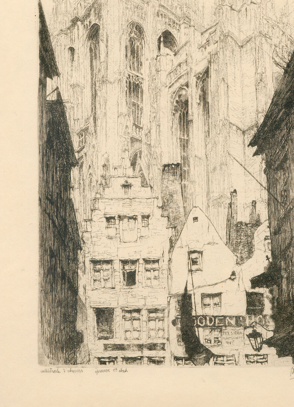 J.D.B. 254 (CE)  CATHEDRALE D'ANVERS 1929
De Bruycker heeft hier een tegendruk gemaakt (C.E.) zodat de tekst op de gevel van de Rooden Hoed niet meer in spiegelbeeld stond
Uitzonderlijke staat
H 212-B 157
L.R.N.M.

