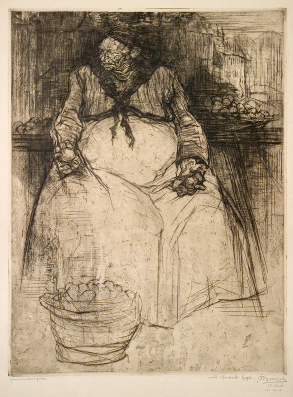 J.D.B. 120  VIEILLE MARCHANDE BRUGES // FRUITVERKOOPSTER 1920  /  Uitzonderlijke staat ****
1ste staat  (M.)
H 456-B 350
L.R.84
Verkocht in Palais de Beaux Art  1928 voor 1000 Bfr.
