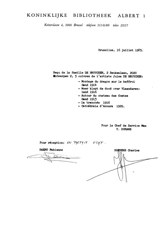 10 BRIEF WELKE WEL HET BEWIJS IS DAT NIEMAND ANDERS  OF DE FAMILIE VAN JULES DE BRUYCKER DIE DE PLATEN TER BESCHIKKING STELDE VAN HET PRENTENKABINET TE BRUSSEL
Na het proces van 1982, heeft de familie, om de plooien glad te strijken, de platen dan toch officieel aan het prentenkabinet toevertrouwd.
Maar, het kwaad was geschied.
