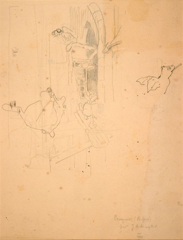 B0357   WERKEN AAN HET BELFORT TE GENT
Deze tekening was de rug van een kader 
