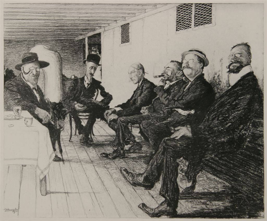 A0208  DE JOURNALISTEN .
In de Ghendsche tydingen van 15 maart 1995 beschrijft de heer Paul Huys deze tekening (waarvan ook een ets bestaat)
De overtuiging dat alle personages op deze prent journalisten zijn is niet 100 %
Paul Huys was op het ogenblik van het schrijven van dit artikel niet op de hoogte van de aparte tekeningen van de diverse personages voorkomende op dit werk
Er was reeds een meningsverschil tussen de weduwe De Bruycker en de journalist Peter Bonnel omtrent de personages van dit werk
