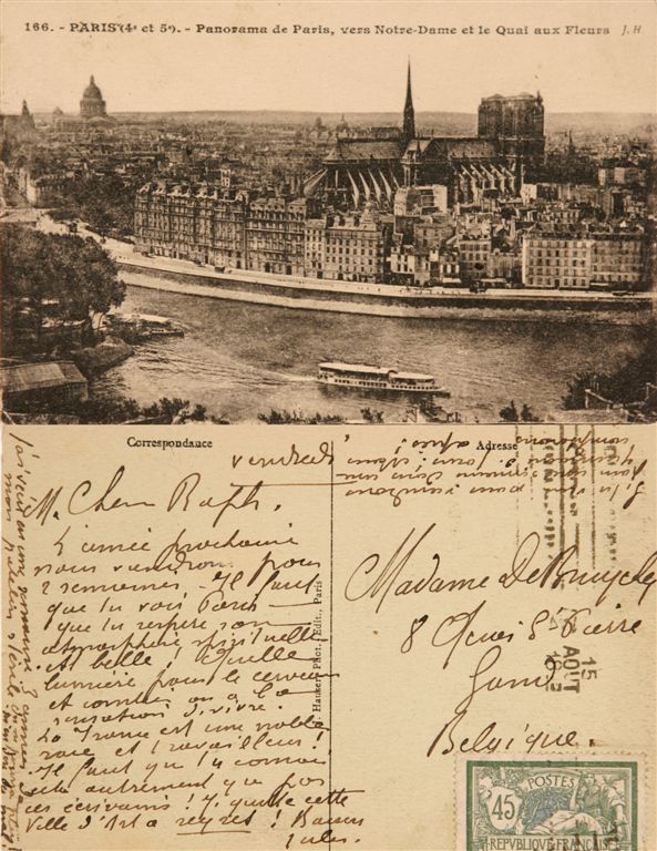 B.008 BRIEFKAART VAN JULES DE BRUYCKER VANUIT PARIJS AAN ZIJN ECHTGENOTE
Zicht van  de Notre-Dame, welke hij in die periode aan het tekenen en etsen was
