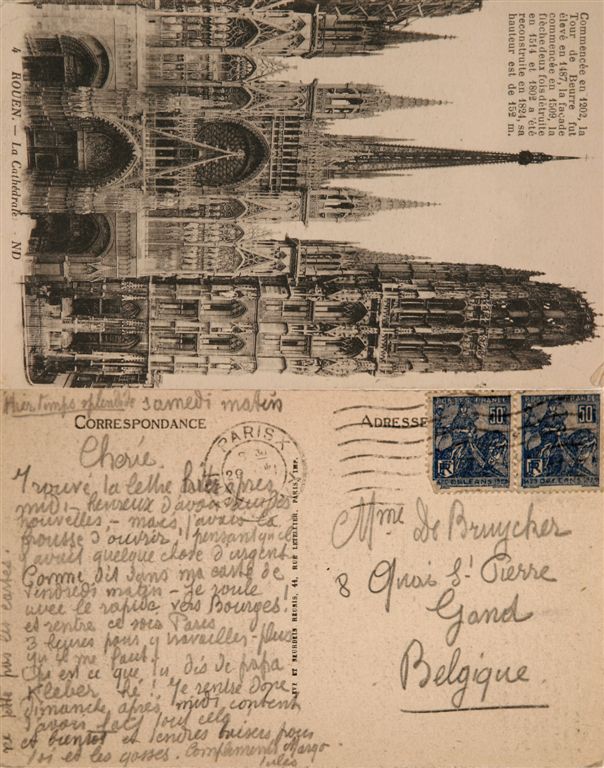 B.009 BRIEFKAART VAN JULES DE BRUYCKER VANUIT ROUEN AAN ZIJN ECHTGENOGE
Dit geeft aan dat hij tekende en etste ter plaatse en niet van foto's of briefkaarten.
