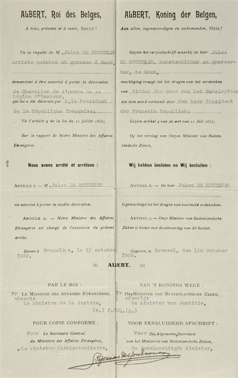 B.001 BRIEF AAN Z.K.H. KONING ALBERT VAN BELGIE
In dewelke Jules De Bruycker gekroond wordt tot Chevalier de la légion d'honneur door de president van Frankrijk 1932
