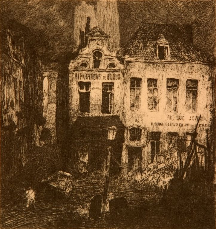 J.D.B. 064 A RUE DE LA PUTTERIE A BRUXELLES // LA MAISON DU DUC JEAN 1914
Uitzonderlijke staat.
Als u deze prent vergelijkt met de vorige kan men duidelijk zien dat deze veel donkerder is, wat laat vermoeden dat er ooit meer dan één exemplaar geweest is
H 427-B 402
L.R.50
