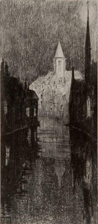 B0035   ILLUSTRATIE UIT HET BOEK "EN VILLE MORTE" VAN FRANZ HELLENS
Het boek van Frans Hellens (Frits (Frédéric) Van Ermengem) werd gepubliceerd eind 1905. Dus zouden al deze werken dateren van voor die datum. 
